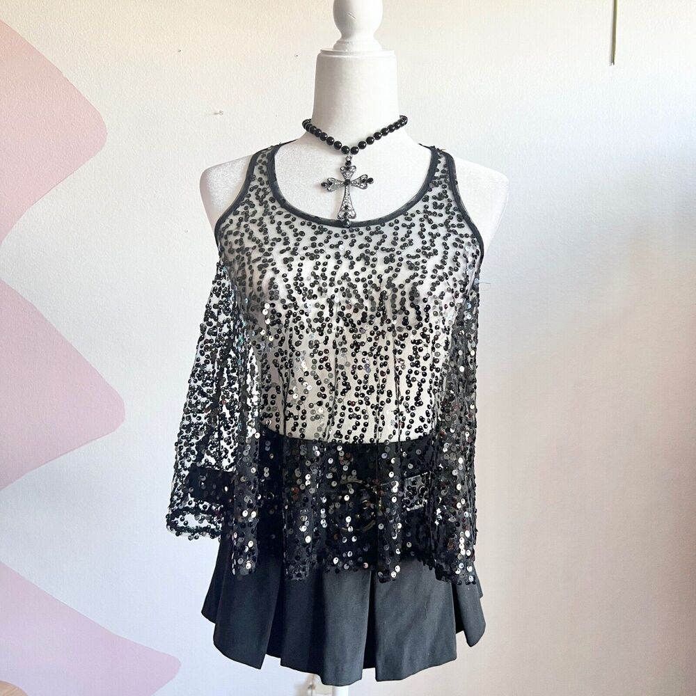 Black Sheer Sequin Tank Top, Y2K Soft Grunge‎ Festival Rave Clubwear 2000s XS